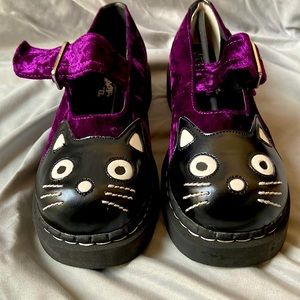 T.U.K. Purple velvet and black cat leather Mary Janes. Brand new never worn